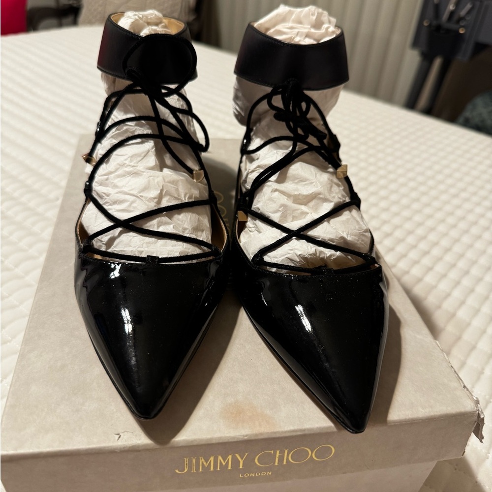Jimmy Choo Black Patent Lace-Up Flats
